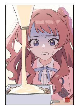 Rule 34 | 1girl, absurdres, blue eyes, blue ribbon, brown hair, dismal poop, food, gakuen idolmaster, hanami saki, hatsuboshi gakuen school uniform, highres, idolmaster, jacket, long hair, mayonnaise, mayonnaise bottle, neck ribbon, pink jacket, ribbon, school uniform, shirt, solo, sweatdrop, turn pale, two side up, upper body, white shirt