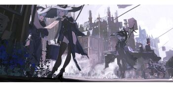 3girls alcxome aqua_eyes black_cape black_eyes black_footwear black_hat black_leotard black_thighhighs bluey boots bright_pupils cape castle closed_mouth cloud cloudy_sky confused day frown full_body grey_eyes hand_on_own_chin hand_up hat high_heel_boots high_heels highres holding holding_staff leotard letterboxed looking_at_another looking_at_object multiple_girls open_mouth original outdoors sky smoke staff standing sweat thighhighs train train_station white_pupils wide_brim witch witch_hat