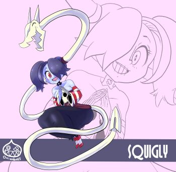 1girl :d absurdres bare_shoulders blue_hair blue_skin bone breasts character_name colored_skin commentary detached_collar detached_sleeves dress english_commentary full_body hair_over_one_eye highres large_breasts leviathan_(skullgirls) light_blush long_skirt looking_at_viewer no_shoes object_through_head onionboss open_mouth own_hands_together pink_background projected_inset red_dress red_eyes red_sleeves red_socks short_hair side_ponytail signature simple_background skeletal_arm skirt skull skullgirls smile socks solo squigly_(skullgirls) steepled_fingers stitched_mouth stitches striped_clothes striped_sleeves striped_socks white_sleeves white_socks wide_hips zombie