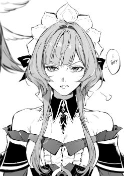1girl angry bad_id bad_twitter_id bare_shoulders breasts clenched_teeth collar detached_collar detached_sleeves frills genshin_impact headdress highres hwan_(mob_hwan) md5_mismatch medium_breasts monochrome sandrone_(genshin_impact) short_hair_with_long_locks simple_background solo speech_bubble teeth upper_body white_background