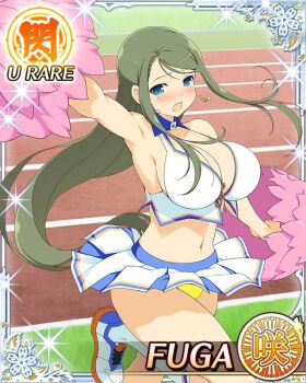 1girl :o arm_up armpits blue_eyes blush border breasts card_(medium) character_name cheering cheerleader crop_top english_text fuga_(senran_kagura) game_cg green_hair holding holding_pom_poms large_breasts long_hair looking_at_viewer midriff mole mole_under_eye navel official_alternate_costume official_art panties pleated_skirt pom_pom_(cheerleading) pom_poms running_track senran_kagura senran_kagura_new_wave shoes skirt sneakers solo standing standing_on_one_leg swept_bangs track_and_field underwear white_skirt wind wind_lift yellow_panties