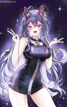 1girl akuma_nihmune animal_ear_fluff animal_ears black_dress black_nails breasts chenchen commentary dress english_commentary facial_mark heart heart_facial_mark highres indie_virtual_youtuber long_hair mole mole_under_eye open_mouth pink_eyes purple_hair short_dress solo teeth twitter_username upper_teeth_only v virtual_youtuber