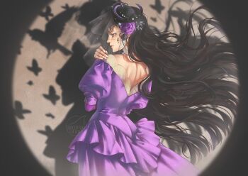 Rule 34 | 1girl, black flower, black hair, black hat, black rose, bug, butterfly, commentary, conceptual shark, different shadow, dress, floating hair, flower, from behind, gown, grey background, hair flower, hair ornament, hand on own shoulder, hat, insect, isolde (reverse:1999), juliet sleeves, long hair, long sleeves, looking to the side, profile, puffy sleeves, purple dress, purple flower, purple rose, reverse:1999, rose, see-through clothes, see-through veil, shadow, solo, spotlight, symbol-only commentary, upper body, veil, watermark