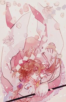 1girl brown_eyes brown_hair commentary_request detached_sleeves flower frilled_skirt frills from_above full_body gohei hakurei_reimu holding holding_gohei holding_ofuda long_hair looking_at_viewer ofuda one-hour_drawing_challenge pink_flower pink_skirt pink_theme shinjitsu_no_kuchi skirt solo touhou white_sleeves