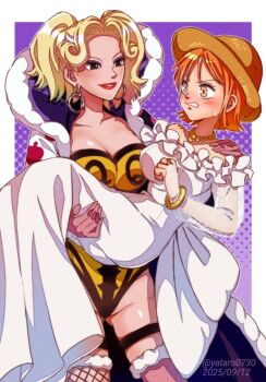 Rule 34 | 2girls, alternate breast size (larger), artist request, ass, asymmetrical clothes, asymmetrical legwear, blonde hair, blue background, breasts, brown eyes, carrying, carrying person, cleavage, coat, collarbone, dress, earrings, embarrassed, eyeshadow, fishnet thighhighs, fishnets, fur-trimmed coat, fur trim, hat, high heels, highleg, highleg leotard, honey queen, hoop earrings, jewelry, large breasts, leotard, lipstick, long hair, looking at another, makeup, multiple girls, nami (one piece), one piece, one piece: clockwork island adventure, orange eyes, orange hair, red lips, revealing clothes, short hair, smile, straw hat, thighhighs, twintails, wedding dress