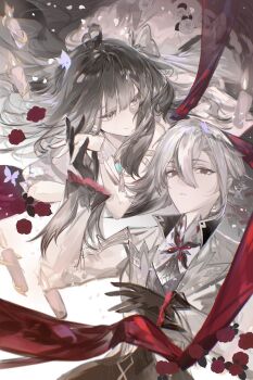 2girls ahoge arlecchino_(genshin_impact) arm_ribbon black_eyes black_gloves black_hair black_pants blue_gem blunt_bangs bow bug butterfly candle chromatic_aberration closed_mouth commentary_request dress empty_eyes flower flower_knot gem genshin_impact gloves grey_bow grey_vest hair_between_eyes hair_bow hand_up heart heart_ahoge highres holding_hands insect jacket korean_commentary lapels leaf long_hair long_sleeves looking_at_another looking_at_viewer low_ponytail lying multicolored_hair multiple_girls oc_x_canon on_back on_stomach open_clothes open_jacket orange_eyes original pants petals ponytail puffy_short_sleeves puffy_sleeves purple_butterfly rapperiasgirl red_flower red_pupils red_rose ribbon rose shirt short_sleeves simple_background smile symbol-shaped_pupils tassel teeth two-tone_hair vest vision_(genshin_impact) white_background white_dress white_flower white_hair white_jacket white_rose white_shirt wrist_cuffs x-shaped_pupils yuri