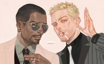 2boys beard_stubble black_necktie black_shirt black_vest blonde_hair blue_eyes brown_eyes business_suit chain chain_bracelet cigarette collared_shirt ctkcave dark-skinned_male dark_skin earrings facial_hair formal_clothes glasses green_shirt jacket jewelry looking_at_viewer male_focus mature_male multiple_boys necktie original portrait ring shaved_head shirt short_hair simple_background smoking striped_clothes striped_jacket stubble suit suit_jacket vest white-framed_eyewear white_background white_jacket white_necktie