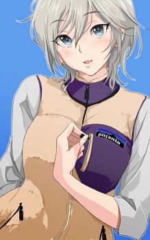 Rule 34 | 1girl, 71 (nanaichi drafting), anastasia (idolmaster), blue background, blue eyes, blush, earrings, female focus, idolmaster, jewelry, looking at viewer, open mouth, product placement, short hair, silver hair, simple background, smile, solo