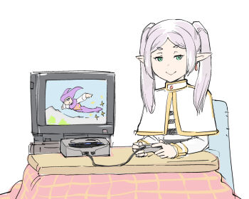 Rule 34 | 1girl, :>, commentary, controller, crt, doyagao, elf, frieren, game console, game controller, gamepad, green eyes, highres, isekai ojisan, kotatsu, nights (character), nights into dreams, playing games, pointy ears, sega saturn, smug, solo, sousou no frieren, table, television, twintails, ueyama michirou, white background