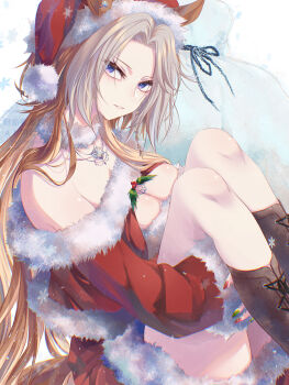 animal_ears bare_shoulders blue_eyes boots breasts brown_boots cleavage commentary_request dress ears_through_headwear fur-trimmed_dress fur-trimmed_headwear fur_collar fur_trim green_nails hat highres horse_ears horse_girl horse_tail hugging_own_legs jewelry large_breasts long_hair long_sleeves looking_at_viewer multicolored_hair multicolored_nails necklace off-shoulder_dress off_shoulder orange_hair orfevre_(umamusume) parted_lips red_dress red_hat red_nails santa_costume santa_dress santa_hat smile tail two-tone_hair umamusume white_hair yue_(lov_n_n)