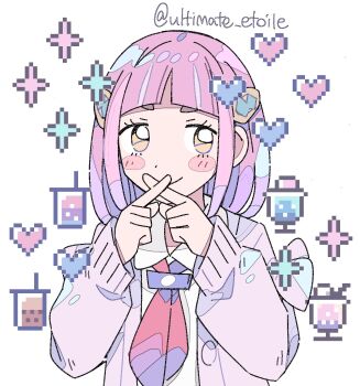 1girl arched_bangs blush_stickers cardigan closed_mouth hair_ornament hairclip highres lacey_(pokemon) long_sleeves looking_at_viewer neckerchief nintendo pink_hair pokemon pokemon_sv purple_cardigan red_neckerchief remoooon shirt short_hair simple_background smile solo upper_body white_background white_shirt x_fingers yellow_eyes