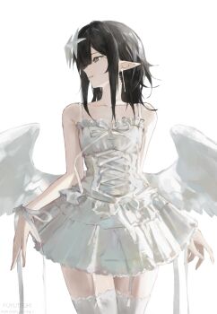 1girl absurdres artist_name bare_shoulders black_eyes black_hair collarbone commentary cowboy_shot dress earrings fuyutsuki11 garter_straps highres jewelry leise_(fuyutsuki11) long_hair long_sidelocks looking_to_the_side original parted_lips pointy_ears sidelocks simple_background sleeveless sleeveless_dress solo symbol-only_commentary thighhighs white_background white_dress white_thighhighs white_wings wings