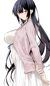 1girl arms_behind_back black_hair blush breasts closed_mouth commentary_request dress from_side haite_kudasai_takamine-san hiiragi_yuuichi jacket large_breasts long_hair looking_at_viewer looking_to_the_side open_clothes open_jacket pink_jacket red_eyes simple_background solo takamine_takane white_background white_dress