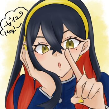 1girl :o appleberry9 black_hair blue_jacket carmine_(pokemon) colored_inner_hair crossed_bangs derivative_work hair_between_eyes hairband highres index_finger_raised jacket long_hair long_sleeves mole mole_under_eye multicolored_hair nintendo open_mouth pokemon pokemon_sv red_hair solo two-tone_hair upper_body yellow_background yellow_eyes yellow_hairband yellow_nails