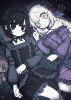 Rule 34 | 2girls, black dress, black hair, black ribbon, breasts, character doll, choker, closed mouth, commentary, doll, dot nose, dress, frilled dress, frills, gothic lolita, highres, ketopon, kurosaki reika (ketopon), lolita fashion, long hair, long sleeves, looking at viewer, lying, medium breasts, multiple girls, on back, on bed, original, pale skin, pillow, purple dress, ribbon, ribbon choker, short hair, sidelocks, small breasts, white hair, yellow eyes
