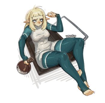 1girl alohapz bakara blonde_hair blue_eyes blue_pantyhose blunt_bangs blush breasts character_request check_character check_copyright closed_mouth copyright_request covered_navel dofus highres large_breasts long_hair long_sleeves lying on_back pantyhose pointy_ears simple_background solo stirrup_legwear toeless_legwear wakfu white_background