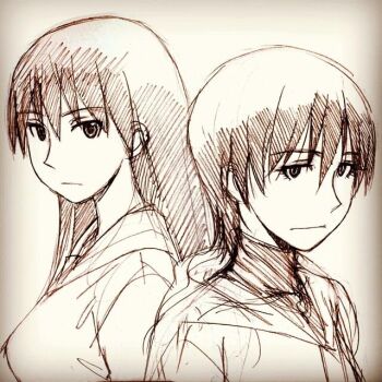 Rule 34 | 2girls, azuma kiyohiko, azumanga daiou, back-to-back, brown background, closed mouth, commentary, expressionless, eyelashes, greyscale, hair between eyes, hatching, long hair, looking at viewer, monochrome, multiple girls, sakaki (azumanga daioh), school uniform, sepia, serafuku, short hair, sketch, torako (yotsubato!), turtleneck, very short hair, yotsubato!