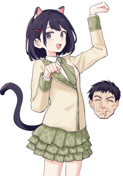1boy 1girl animal_ears black_hair blazer brown_jacket cat_ears cat_tail closed_eyes closed_mouth collared_shirt commentary_request cowboy_shot facing_viewer green_necktie green_skirt grey_eyes hair_ornament hairclip hands_up highres jacket kemonomimi_mode lapels layered_skirt lin_lee_koo long_sleeves looking_at_viewer looking_to_the_side nagi_kentarou necktie open_mouth paw_pose pleated_skirt scar scar_on_face scar_on_mouth school_uniform shirt short_hair skirt smile standing tail very_short_hair white_background white_shirt xenoblade_chronicles_(series) xenoblade_chronicles_x yasuzero