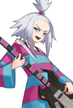 1girl :d aqua_eyes bass_guitar commentary dress grey_hair guitar_strap hair_bobbles hair_ornament highres holding holding_instrument instrument long_hair long_sleeves looking_down nintendo off-shoulder_dress off_shoulder open_mouth plectrum pokemon pokemon_bw2 roxie_(pokemon) simple_background smile solo spottylen striped_clothes striped_dress teeth tongue topknot upper_teeth_only white_background