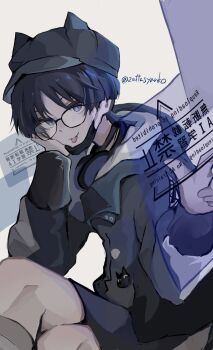 1boy alternate_costume animal_hat bespectacled black-framed_eyewear black_hair black_hat black_jacket black_mask black_shorts black_sleeves bluesky_username blunt_ends casual cat_hat contemporary crossed_legs elbow_on_thigh eyeliner eyeshadow genshin_impact glasses grey_eyes hand_on_own_face hand_up hat headphones headphones_around_neck highres hoyofair jacket long_sleeves looking_at_viewer makeup male_focus mask mask_pull mouth_mask peaked_cap red_eyeliner red_eyeshadow scaramouche_(genshin_impact) shorts solo tongue tongue_out twitter_username wanderer_(genshin_impact) watermark white_background wispy_bangs zattasyanko