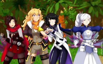 4girls absurdres amputee animal_ears annoyed armor artist_name asymmetrical_clothes belt black_gloves black_hair blake_belladonna blonde_hair blue_gloves blush braid breasts brown_belt brown_eyes brown_hair brown_pants cape cat_ears choker cleavage closed_eyes commentary confused cowboy_shot earrings ember_celica_(rwby) english_commentary fingerless_gloves forest gloves grass grey_eyes highres jacket jewelry juliet_sleeves large_breasts long_hair long_sleeves medium_breasts medium_hair miniskirt multicolored_hair multiple_girls multiple_views myrtenaster nature orange_gloves orange_scarf outdoors pants pantyhose partially_unzipped paw_pose ponytail puffy_sleeves purple_eyes red-framed_eyewear red_cape red_hair red_skirt ruby_rose rwby scarf scene_reference short_hair single_braid single_fingerless_glove single_pantsleg skirt small_breasts streaked_hair thighhighs thighs weapon weiss_schnee white_hair yang_xiao_long yaya_(y8ay8a) yellow_eyes