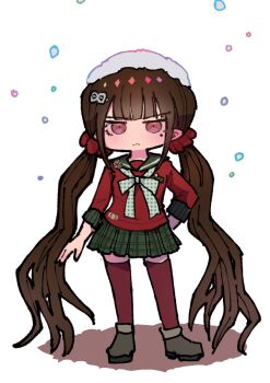 Rule 34 | 1girl, absurdres, blunt bangs, brown hair, brown shoes, commentary request, danganronpa (series), danganronpa v3: killing harmony, frown, hair ornament, hair scrunchie, hairclip, harukawa maki, highres, long hair, long sleeves, looking at viewer, low twintails, mole, mole under eye, red eyes, red scrunchie, red shirt, sailor collar, school uniform, scrunchie, shirt, shoes, skirt, snow, snow on head, solo, standing, twintails, youko-shima