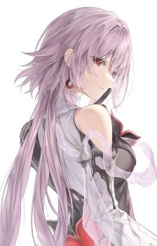 1girl closed_mouth earrings evernight_(honkai:_star_rail) from_behind highres honkai:_star_rail honkai_(series) index_finger_raised jewelry long_hair long_sleeves looking_at_viewer looking_back march_7th_(honkai:_star_rail) mizuasagi35181 official_alternate_costume official_alternate_eye_color official_alternate_hair_length official_alternate_hairstyle pink_hair red_eyes simple_background single_bare_shoulder smile solo white_background