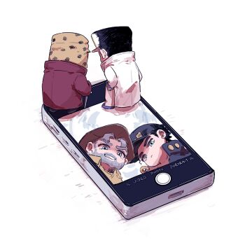 2boys beard black_coat black_hair black_hat blue_eyes brown_hat cellphone cellphone_photo chibi coat commentary_request diamond_wa_kudakenai earrings facial_hair figures_taking_selfie_(meme) grandfather_and_grandson grey_hair hat highres jewelry jojo_no_kimyou_na_bouken joseph_joestar joseph_joestar_(old) kuujou_joutarou long_coat male_focus meme mini_person miniboy multiple_boys multiple_persona old old_man peaked_cap phone ppppparrot red_coat sitting smartphone stardust_crusaders stud_earrings white_coat white_hat