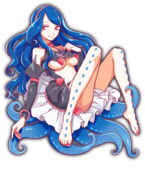 anime_coloring artist_request bare_legs bare_shoulders barefoot black_bodysuit black_sleeves blue_hair bodysuit bracelet breasts clothing_cutout collar collarbone crash_fever detached_sleeves eyelashes fingernails frilled_bodysuit frills full_body game_cg hair_ornament jewelry kraken kraken_(crash_fever) large_breasts long_hair long_sidelocks looking_at_another mature_female mole mole_under_eye nail_polish number_print numbered official_art outline parted_lips print_bodysuit red_collar red_eyes red_nails red_outline sidelocks simple_background sleeveless sleeveless_bodysuit smile solo square square_print swept_bangs tachi-e tentacles third-party_source toenails transparent_background twirling_hair underboob very_long_hair wavy_hair wavy_sidelocks