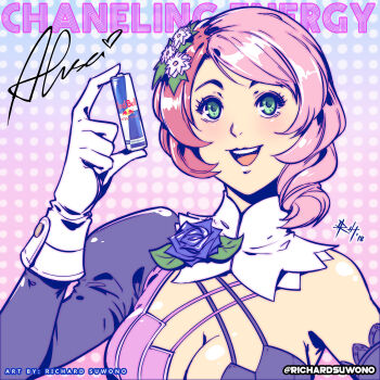 1girl alisa_boskonovich android asymmetrical_clothes asymmetrical_hair battery breasts character_name cleavage flower flower_ornament gloves green_eyes hair_flower hair_ornament highres large_breasts namco open_mouth pink_hair polka_dot polka_dot_background red_bull richard_suwono short_hair signature solo tekken tekken_7 tekken_8 tekken_blood_vengeance tekken_tag_tournament_2 twitter_username white_gloves