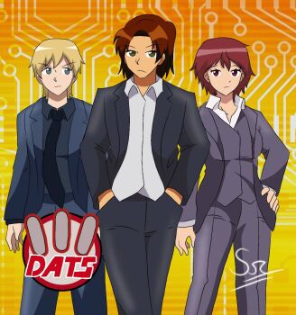 Rule 34 | 1girl, 2boys, daimon masaru (digimon savers), digimon, digimon savers, expressionless, formal clothes, fujieda yoshino, looking at viewer, multiple boys, necktie, short hair, srshadow5536, suit, thoma h. norstein
