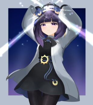 belt belt_buckle black_dress black_pantyhose blue_gloves blunt_bangs bob_cut buckle ckr_jigglypuff closed_mouth coat commentary_request cowboy_shot dress eyelashes gloves glowing gwynn_(pokemon) hat highres long_sleeves mega_stone nintendo o-ring o-ring_belt open_clothes open_coat pantyhose partially_fingerless_gloves pokemon pokemon_legends:_z-a purple_eyes purple_hair short_hair smile white_coat