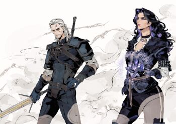 1boy 1girl black_choker black_gloves black_hair black_jacket black_pants choker darkyu-yj geralt_of_rivia gloves grey_hair highres holding holding_sword holding_weapon jacket long_hair looking_at_another magic pants pendant_choker purple_eyes scar scar_across_eye scar_on_face sword the_witcher_(series) the_witcher_3 weapon yennefer_of_vengerberg