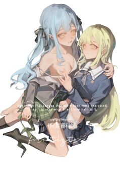 2girls absurdres asa_achen bang_dream! bang_dream!_it's_mygo!!!!! black_ribbon black_socks blue_hair blue_shirt blue_skirt blush bra bra_pull breasts chinese_commentary closed_mouth clothes_pull commentary_request english_text green_hair green_necktie green_skirt grey_jacket grey_neckerchief hair_ornament hair_ribbon hairclip hand_on_another's_shoulder haneoka_school_uniform highres jacket kneehighs long_hair long_sleeves medium_breasts multiple_girls neckerchief necktie nipple_stimulation nipples off_shoulder one_breast_out open_clothes open_mouth open_shirt panties plaid_clothes plaid_skirt pleated_skirt ribbon sailor_collar school_uniform shirt simple_background single_bare_foot sitting sitting_on_lap sitting_on_person skirt socks togawa_sakiko tsukinomori_school_uniform two_side_up underwear unworn_necktie wakaba_mutsumi white_background white_bra white_panties white_sailor_collar white_shirt yellow_eyes yuri