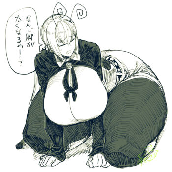 Rule 34 | 1girl, aged up, alternate breast size (larger), alternate costume, alternate form, alternate hairstyle, antennae, belt, breasts, brooch, cape, closed eyes, collared shirt, curvy, huge breasts, jewelry, monochrome, open mouth, pantyhose, shirt, short hair, shorts, simple background, solo, spacezin, sweatdrop, tall female, thick thighs, thighs, touhou, white background, wide hips, wriggle nightbug