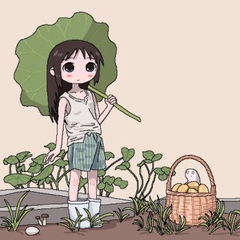 1girl alternate_costume basket black_eyes black_hair blue_eyes blush_stickers boots chito_(shoujo_shuumatsu_ryokou) closed_mouth commentary creature dirt eli_(chibitoad) expressionless full_body grass highres holding holding_leaf jaggy_lines leaf leaf_umbrella long_hair looking_at_viewer mushroom nuko_(shoujo_shuumatsu_ryokou) outdoors plant shorts shoujo_shuumatsu_ryokou simple_background solo standing striped_clothes striped_shorts tank_top untranslatable_commentary weeds white_boots white_tank_top