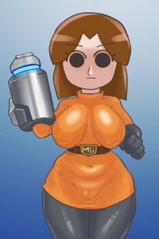 1girl :| arm_cannon belly belt belt_buckle black_belt black_eyes black_gloves black_pantyhose blue_background bob_cut bodysuit breasts breasts_apart brown_hair buckle cameltoe closed_mouth commentary_request covered_erect_nipples covered_navel cowboy_shot curvy dress elbow_gloves empty_eyes expressionless fat_mons gloves gradient_background hand_up highres huge_nipples impossible_clothes impossible_dress inverted_nipples large_breasts latex legs_together long_sleeves looking_at_viewer medium_hair mii_(nintendo) mii_gunner mii_gunner_(smash_4) navel nintendo no_bra no_mouth orange_dress orange_sweater pantyhose parted_bangs plump pointy_breasts puffy_nipples sagging_breasts shiny_clothes shiny_legwear short_dress short_hair simple_background skin_tight skindentation solid_circle_eyes solid_oval_eyes solo standing sweater thick_thighs thighs turtleneck turtleneck_dress user_vjcu5334 weapon wide_hips