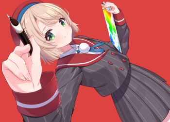 1girl absurdres beret blonde_hair blush braid buttons closed_mouth collared_shirt commentary_request dutch_angle from_side green_eyes grey_jacket grey_skirt hair_ornament hair_rings hat highres holding indie_virtual_youtuber jacket jing_(947728534) light_brown_hair long_sleeves looking_at_viewer neck_ribbon partial_commentary pen pleated_skirt pom_pom_(clothes) pom_pom_hair_ornament red_background red_sailor_collar ribbon sailor_collar shigure_ui_(vtuber) shigure_ui_(1st_costume)_(vtuber) shirt short_hair simple_background skirt smile solo striped_clothes striped_jacket striped_skirt stylus swept_bangs vertical-striped_clothes vertical-striped_jacket vertical-striped_skirt virtual_youtuber white_shirt