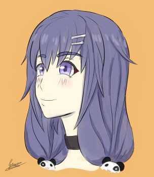 1girl azuracub black_collar collar commentary english_commentary gerritch hair_ornament hair_over_shoulder hairclip highres indie_virtual_youtuber panda_hair_ornament parallel_hairclips purple_eyes purple_hair signature smile twintails virtual_youtuber