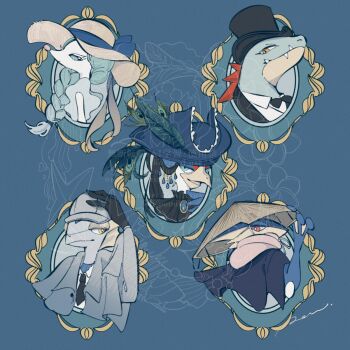 5others beak black_hat black_necktie blue_background blue_bow blue_coat blue_eyes blue_hair blue_hat bow braid brown_hat cavalier_hat clothed_pokemon coat conical_hat fangs feraligatr formal_clothes furry gen_2_pokemon gen_6_pokemon gen_7_pokemon gen_8_pokemon greninja hat highres inteleon lizard looking_at_viewer multiple_others necktie nintendo other_focus plume pokemon pokemon_(creature) primarina quaquaval red_eyes rendoll simple_background snout suit sun_hat through_medium through_painting tongue_scarf top_hat upper_body webbed_feet webbed_hands yellow_eyes