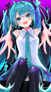 1girl aqua_eyes aqua_hair aqua_trim black_skirt blush breasts collared_shirt commentary_request detached_sleeves hair_between_eyes hair_ornament haro_(1026_86) hatsune_miku highres long_hair long_sleeves looking_at_viewer medium_breasts open_mouth pleated_skirt reaching reaching_towards_viewer shirt sitting skirt sleeveless sleeveless_shirt smile solo twintails very_long_hair vocaloid white_shirt