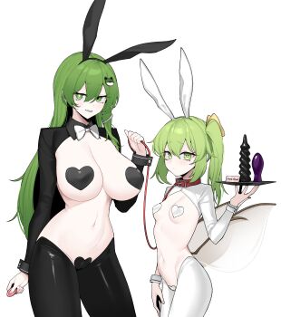 1641_(chfhrtor94) 2girls absurdres age_difference animal_ears bdsm black_bow black_bowtie bow bowtie breasts collar condom condom_wrapper controller daiyousei dildo fairy_wings fake_animal_ears feet_out_of_frame female_focus femdom frog_hair_ornament green_eyes green_hair hair_ornament heart heart-shaped_pupils heart_maebari heart_pasties heterochromia highres holding holding_leash holding_remote_control kochiya_sanae leash loli maebari multiple_girls onee-loli pasties remote_control remote_control_vibrator reverse_bunnysuit reverse_outfit sex_toy shrug_(clothing) simple_background slave symbol-shaped_pupils touhou vibrator white_background wings