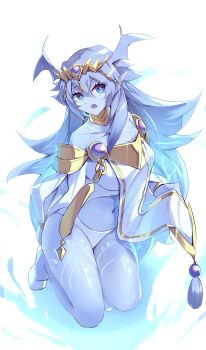 Rule 34 | 1girl, absurdres, bare shoulders, blue eyes, blue hair, blue skin, breasts, collarbone, colored skin, dominus impulse, dragon girl, duel monster, hair between eyes, highres, kanzakietc, kneeling, large breasts, long hair, navel, open mouth, panties, pointy ears, simple background, solo, underwear, very long hair, white background, white panties, yu-gi-oh!