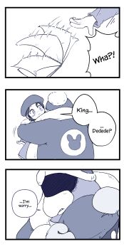1boy 1girl 3koma absurdres adeleine apologizing beret blush_stickers comforting comic confused desultorynovice dropping english_text eyes_in_shadow fur-trimmed_jacket fur_trim hat highres hug jacket king_dedede kirby's_dream_land_2 kirby_star_allies kirby_(series) kirby_64 mittens monochrome nintendo shaded_face surprised