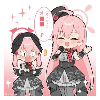 Rule 34 | <|> <|>, 2girls, :d, ^^^, ^ ^, ahoge, beret, black hat, black wings, blue archive, blush, braid, breasts, capriccyo, center frills, chibi, closed eyes, commentary request, cosplay, dress, feathered wings, frills, gradient background, grey dress, grey hat, grey pantyhose, hair between eyes, halo, hanako (blue archive), hat, head wings, highres, holding, holding microphone, koharu (blue archive), long hair, mari (blue archive), mari (blue archive) (cosplay), mari (idol) (blue archive), medium breasts, microphone, multiple girls, nose blush, open mouth, pantyhose, pink background, pink hair, pleated dress, smile, sparkle, tilted headwear, translation request, twintails, v-shaped eyebrows, very long hair, white background, wings, wrist cuffs