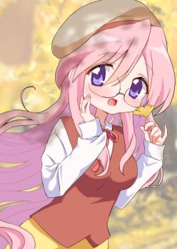 1girl :d autumn beret blurry blurry_background blush breasts brown_vest commentary_request dress_shirt ginkgo_leaf ginkgo_tree glasses hand_on_own_cheek hand_on_own_face hat holding holding_leaf kodoku_808 leaf long_hair long_skirt lucky_star open_mouth pink_hair purple_eyes red_ribbon ribbon shirt skirt smile takara_miyuki vest white_shirt yellow_skirt