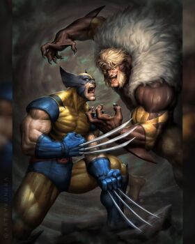 2boys :d blonde_facial_hair blonde_hair blue_gloves bodysuit brown_bodysuit claws clenched_hands commentary covered_pectorals cowl english_commentary facial_hair fur-trimmed_bodysuit gloves grey_background highres imminent_fight kunkka male_focus marvel multicolored_bodysuit multiple_boys muscular muscular_male no_pupils open_mouth pectorals sabertooth_(x-men) short_hair smile superhero_costume teeth twitter_username veins veiny_arms wolverine_(x-men) wrinkled_skin x-men yellow_bodysuit