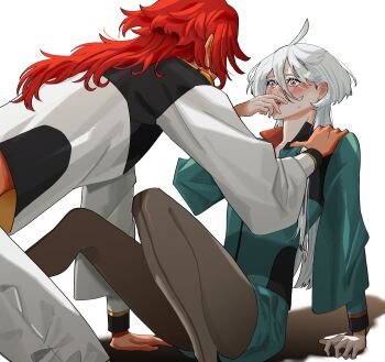 2girls absurdres asticassia_school_uniform black_pantyhose blush commentary_request green_jacket green_shorts grey_eyes gundam gundam_suisei_no_majo hand_on_another&#039;s_shoulder highres jacket korean_commentary long_hair miorine_rembran multiple_girls pantyhose red_hair school_uniform shadow shorts simple_background snapagi suletta_mercury sweat white_background white_hair white_jacket yuri