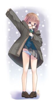 1girl accidental_exposure brown_shoes clothes_lift coat commentary_request dressing full_body glasses green_ribbon highres loafers long_sleeves neck_ribbon original panties pink_hair plaid_clothes plaid_skirt pleated_skirt pop_(electromagneticwave) purple_eyes ribbon shoes short_hair skirt skirt_caught_on_object skirt_lift snowing solo standing underwear white_panties