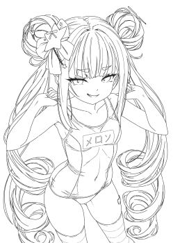 1girl arazand armpits arms_up bare_shoulders blunt_bangs bow breasts character_request clothes_pull collarbone copyright_request covered_navel dot_nose double_bun feet_out_of_frame from_above grin hair_bow hair_bun hair_ornament highres lineart long_hair looking_at_viewer monochrome name_tag one-piece_swimsuit one-piece_swimsuit_pull school_swimsuit sidelocks simple_background small_breasts smile solo star_(symbol) star_hair_ornament strap_pull striped_clothes striped_thighhighs swimsuit thighhighs thighs twintails very_long_hair white_background